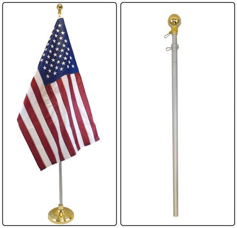 8 ft Aluminum Flagpole, Silver, Indoor Use with Classic Ball Topper and Base