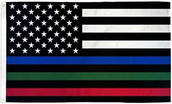 Thin Blue Red Green Line Embroidered 3x5 Outdoor American Flag | Heavy Duty 210D Polyester with Brass Grommets | Police, EMT, Firefighter, Military, Law Enforcement | Vivid Color & Fade Resistant USA Banner