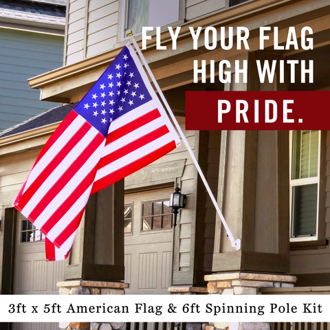 American Flag Pole Kit | Heavy Duty Outdoor Flagpole | 3x5’ Flag | 210D Nylon United States Flag | 6’ Adjustable Spinning Flag Pole | House Mount Bracket | Commercial | High Winds