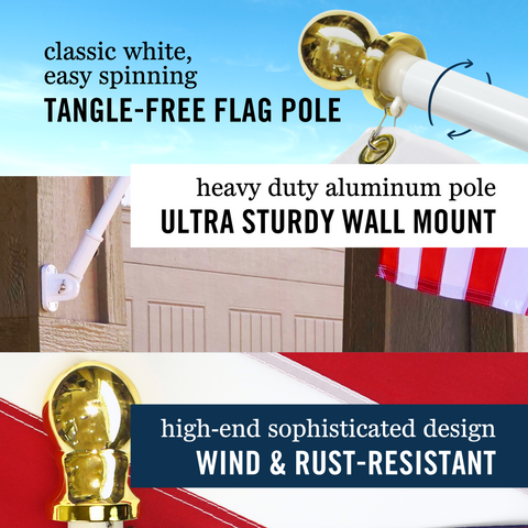 American Flag Pole Kit | Heavy Duty Outdoor Flagpole | 3x5’ Flag | 210D Nylon United States Flag | 6’ Adjustable Spinning Flag Pole | House Mount Bracket | Commercial | High Winds