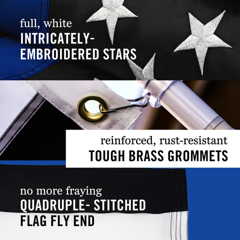 Thin Blue Line USA Flag | Heavy Duty Police Flag | Back The Blue | Blue Lives Matter Flag | Quadruple Stitched Fly End | Durable High-Performance 210D Nylon for High Winds | Brass Grommets | Embroidered